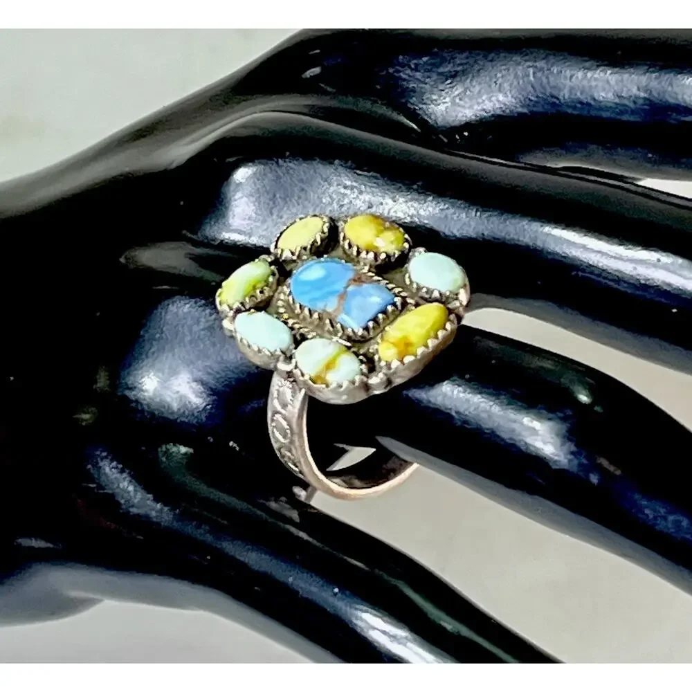 Southwestern Sterling Silver Mixed Turquoise Cluster Statement Ring Adjust Size